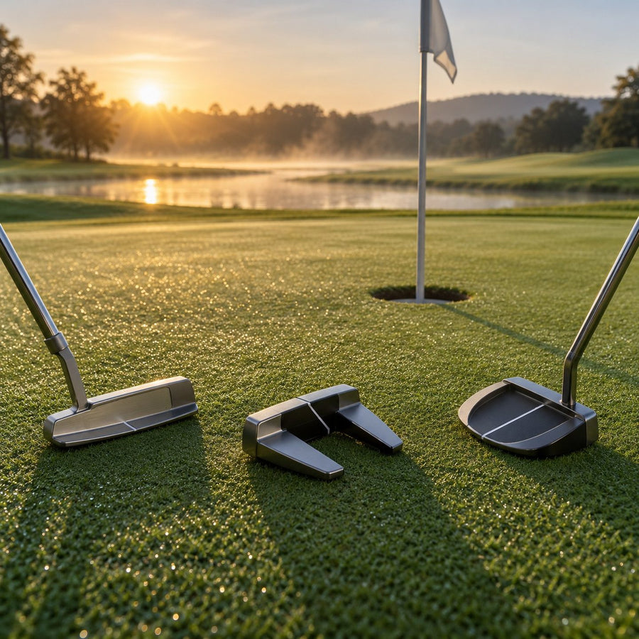 Putters lame et maillet posés sur un green près du drapeau