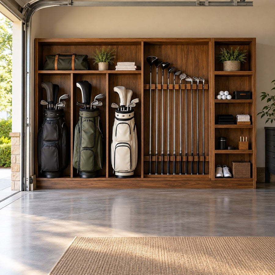Rangement mural en bois pour sacs et clubs de golf