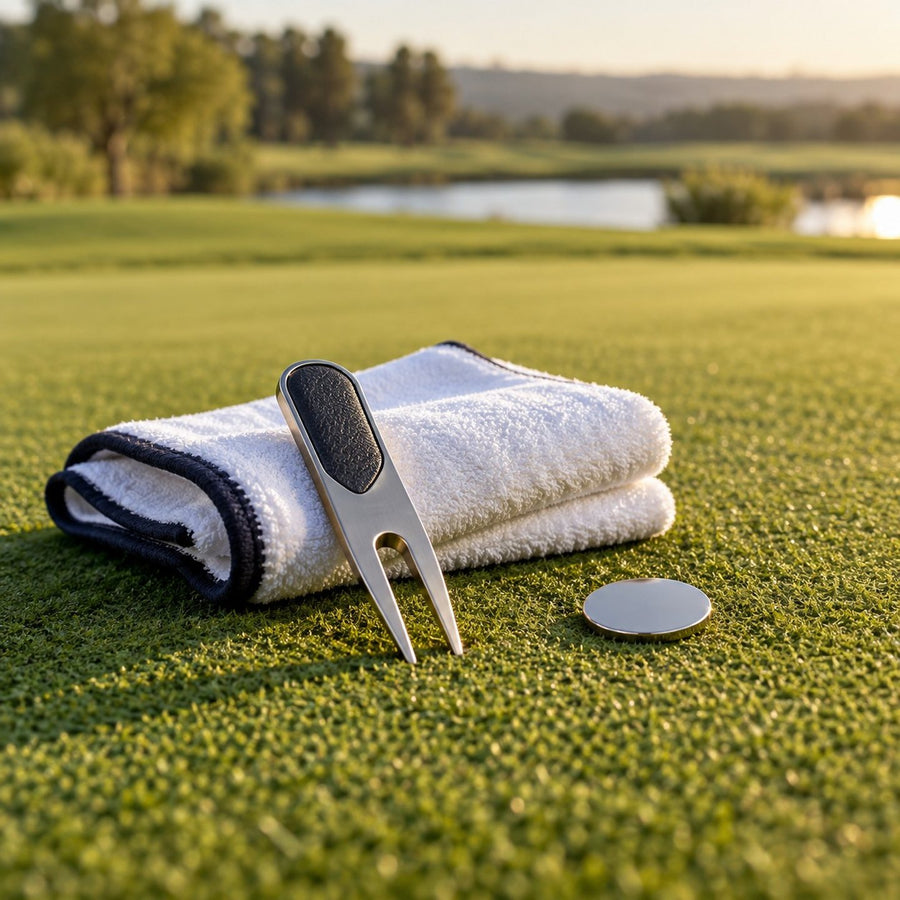Relève-pitch, marqueur de balle et serviette de golf sur un green