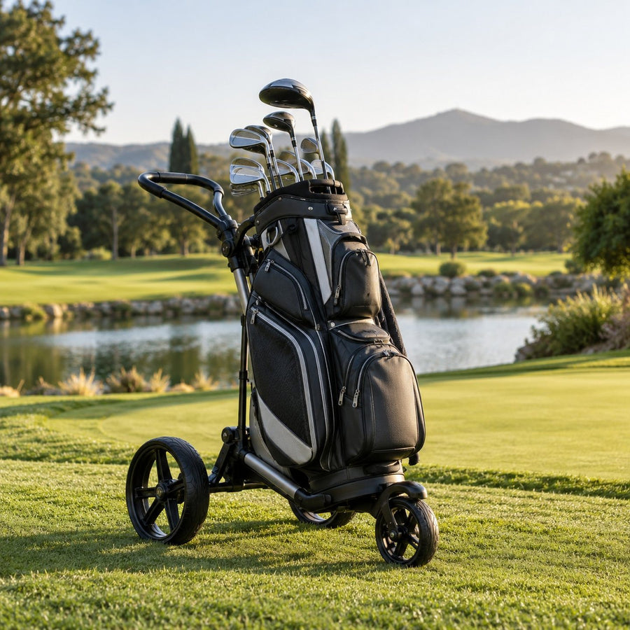 Sac de golf chariot fixé sur un chariot au bord d'un green