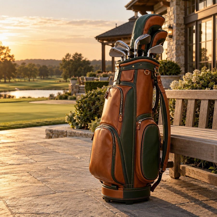 Sac de golf tour en cuir fauve devant le club-house