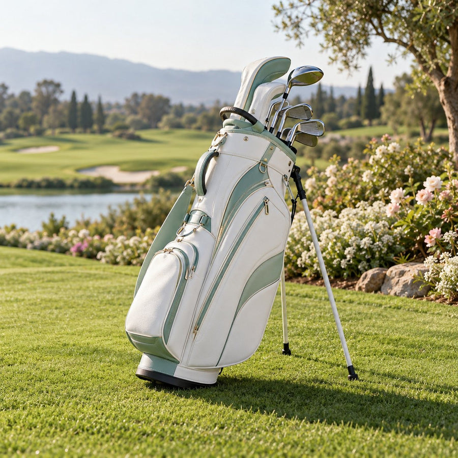 Sac de golf féminin blanc et vert d'eau au bord du fairway