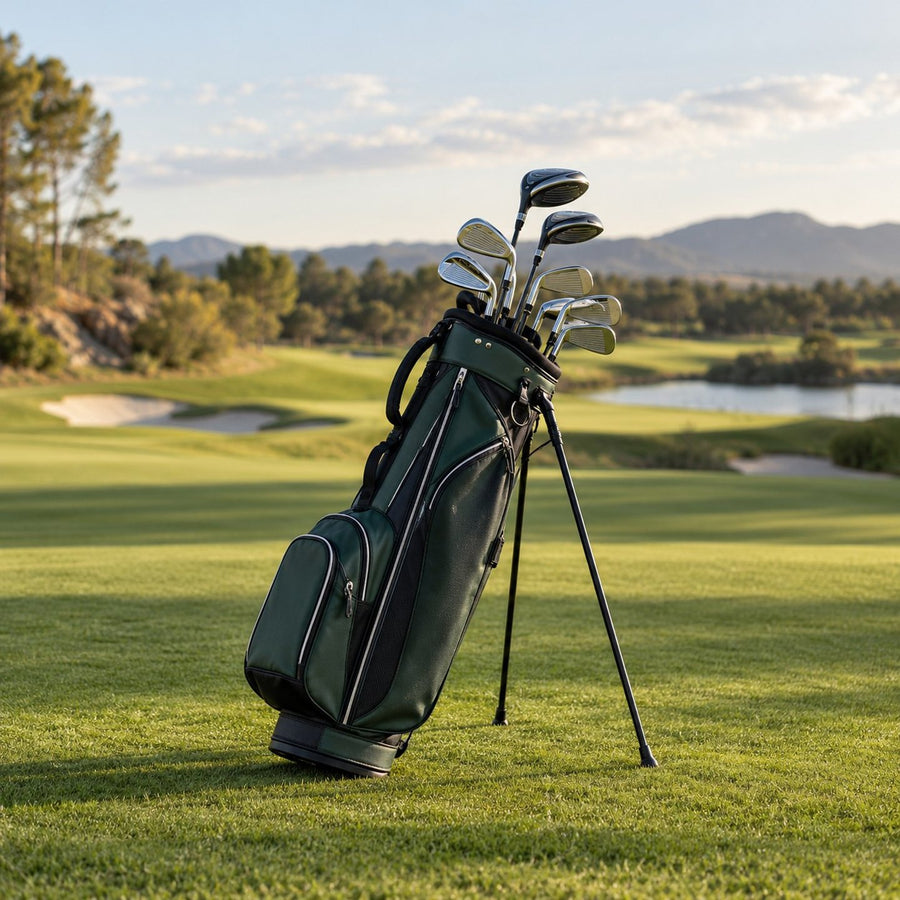 Sac de golf trépied posé sur le fairway