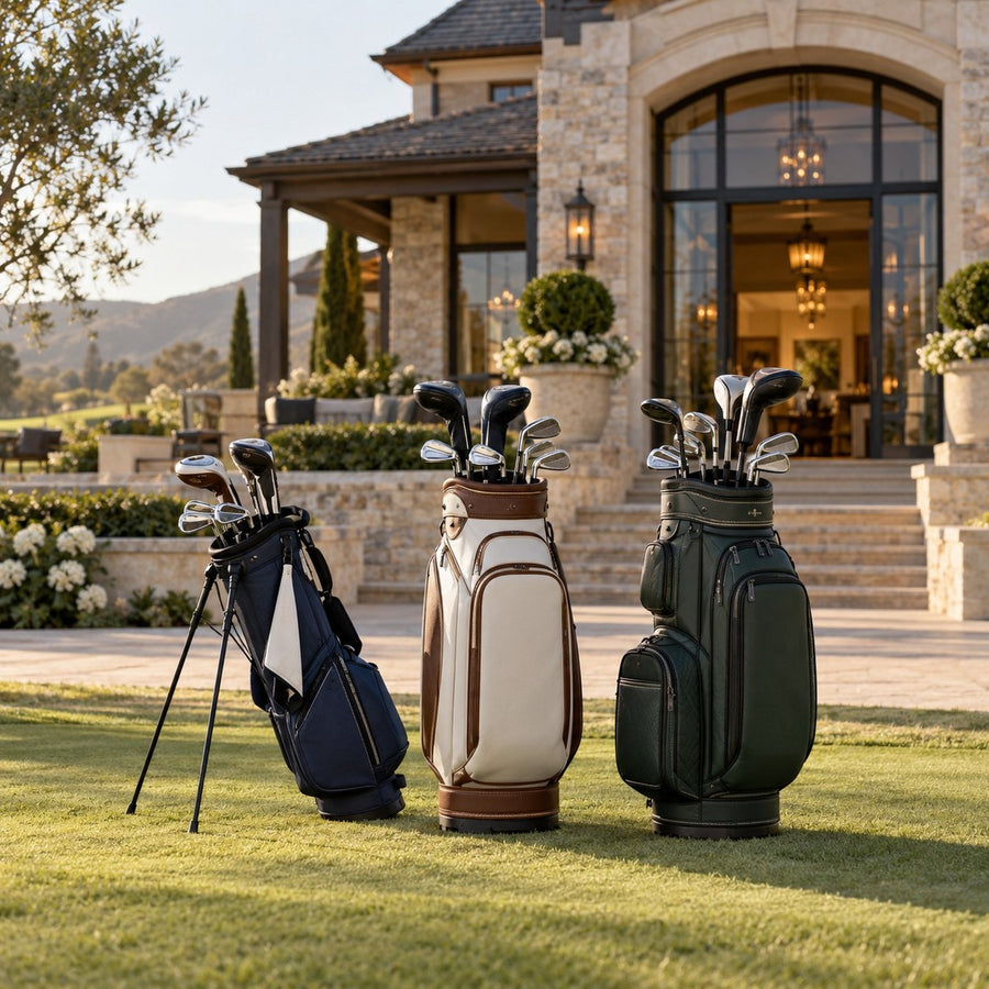 Sacs de golf trépied, chariot et tour devant le club-house