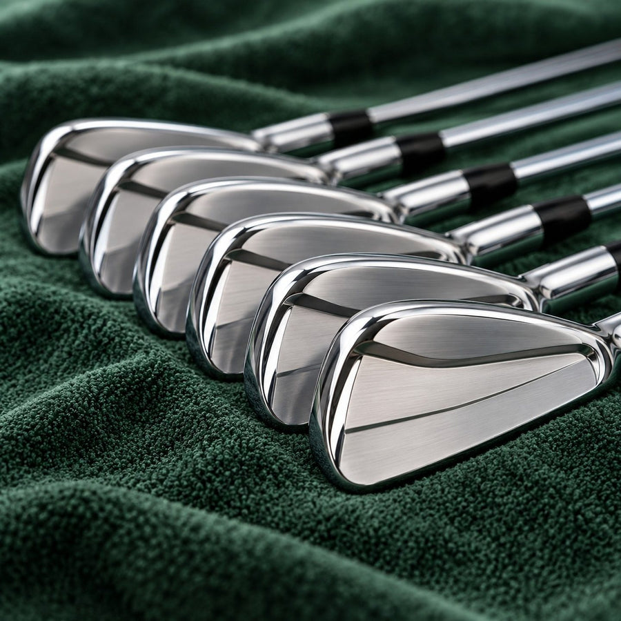 Série de fers de golf chromés posés sur une serviette verte