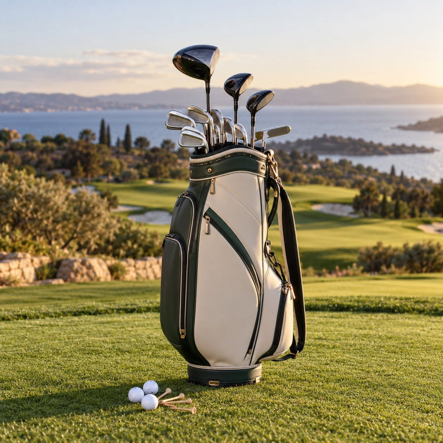 Set de golf complet dans son sac sur l'herbe d'un départ