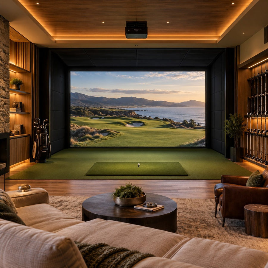 Salle de simulateur de golf à la maison avec écran d'impact
