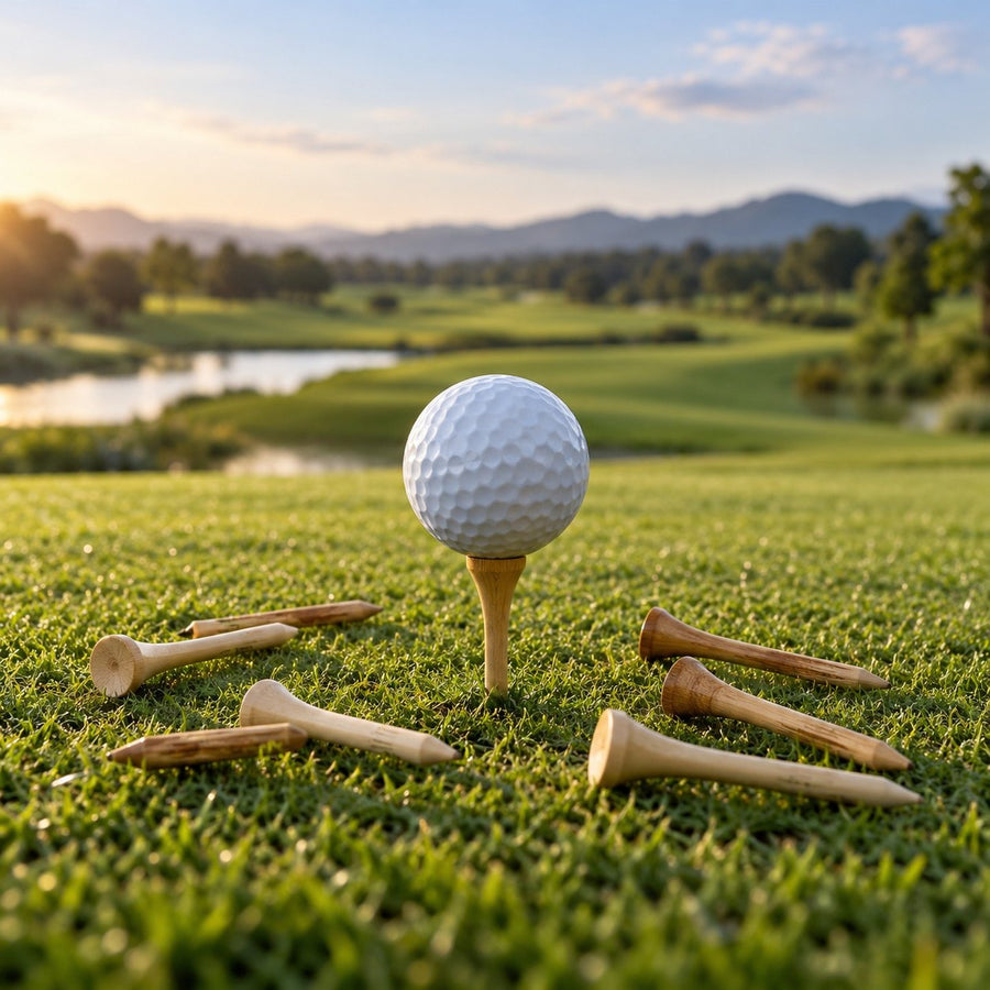 Tees de golf en bois et balle sur un tee au départ