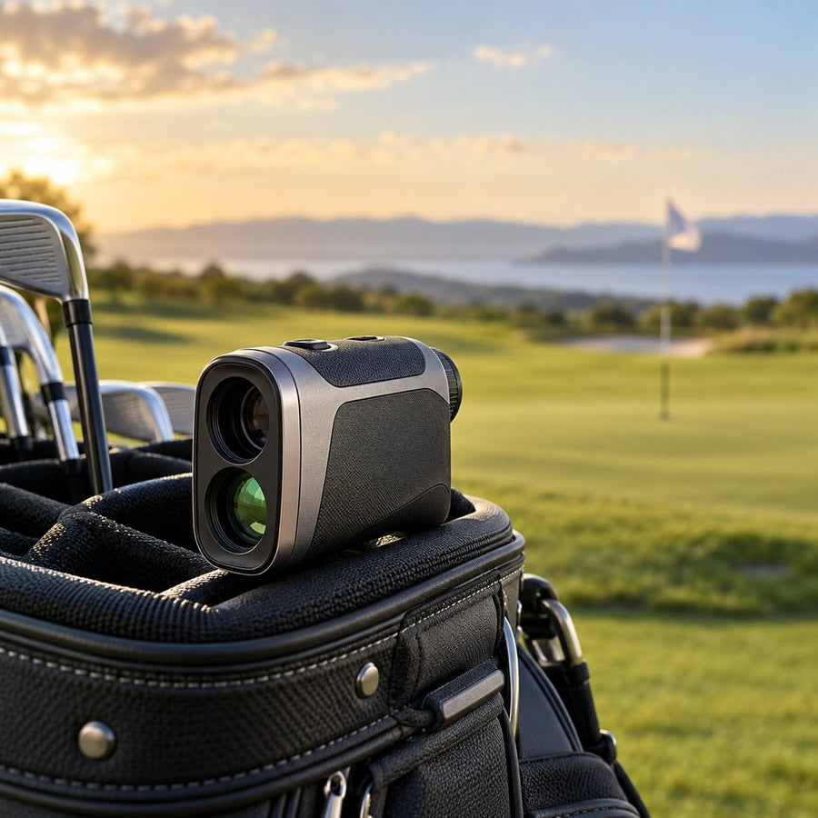 Télémètre laser de golf posé sur un sac