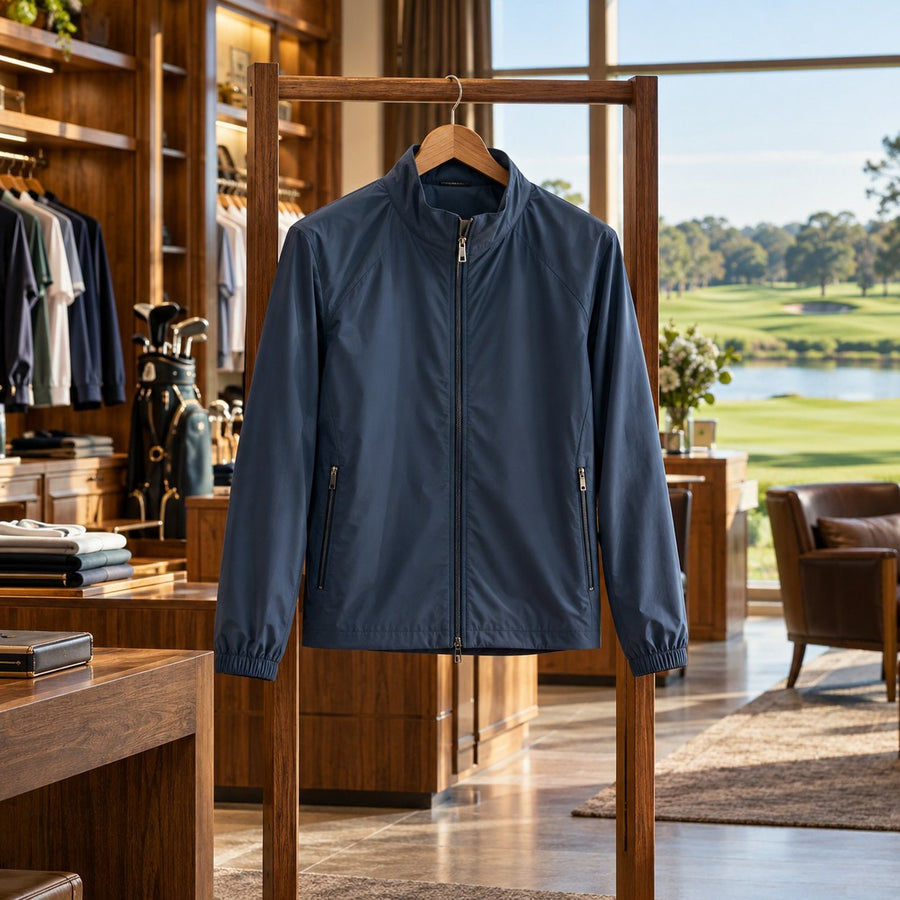 Veste de golf coupe-vent suspendue dans un pro shop