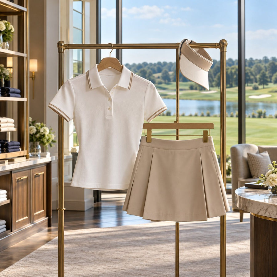 Ensemble de golf femme polo, jupe et visière sur un portant