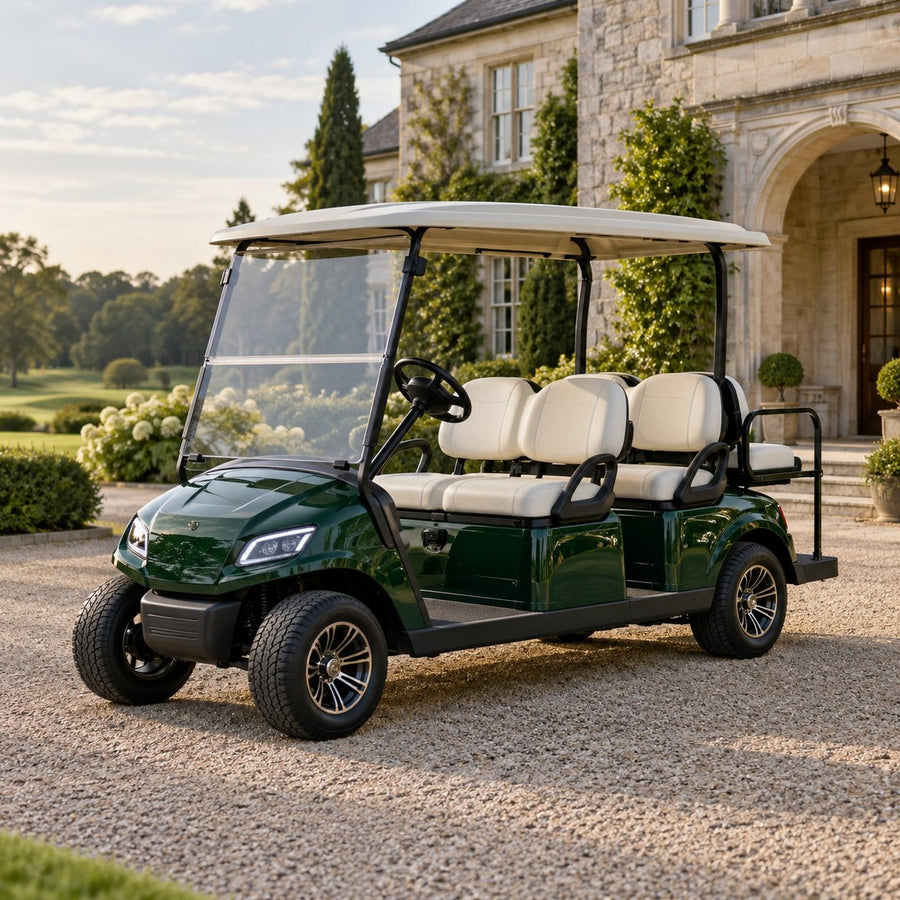 Voiturette de golf électrique 4 places devant un club-house en pierre