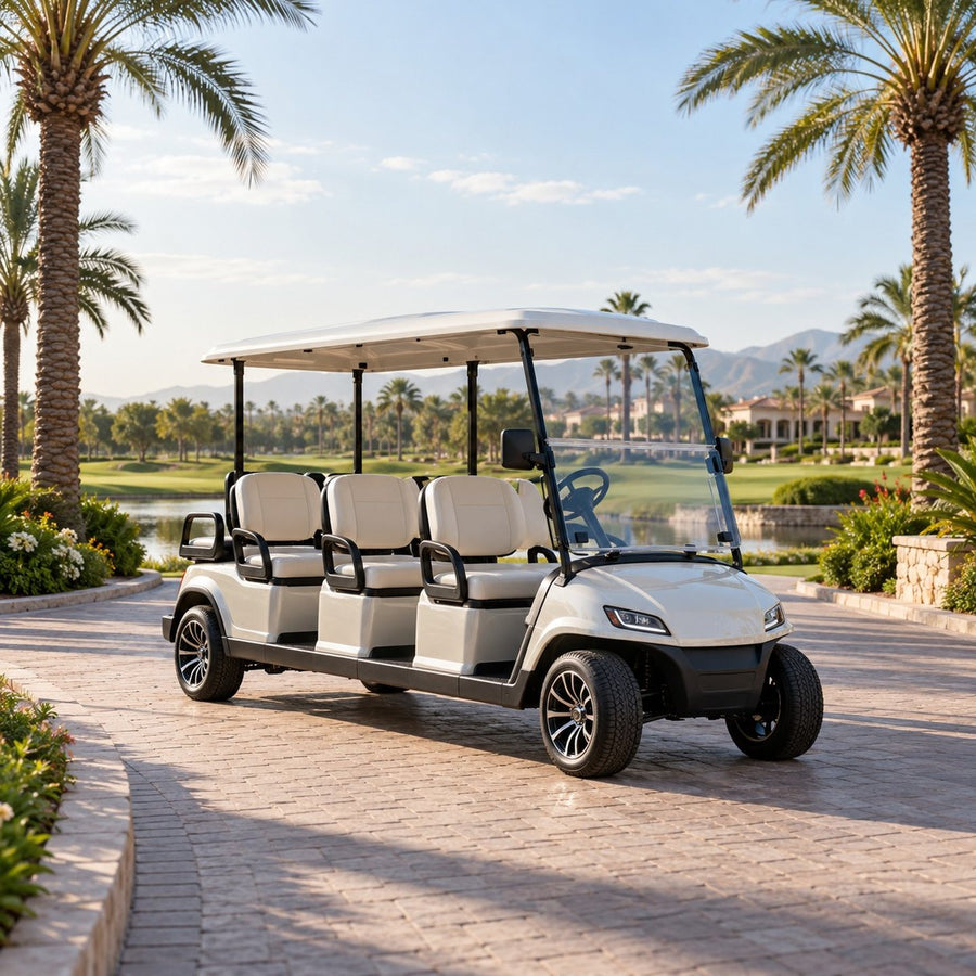 Voiturette de golf électrique 6 places dans l'allée d'un resort
