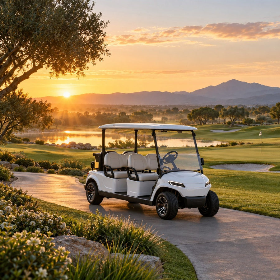 Voiturette de golf électrique blanche sur le chemin du parcours au lever du soleil