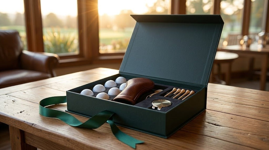 Coffret cadeau de golfeur avec balles et couvre-club en cuir