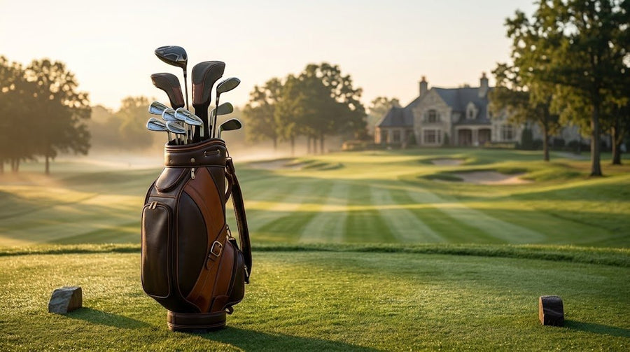 Sac de golf en cuir et clubs sur le départ au lever du soleil