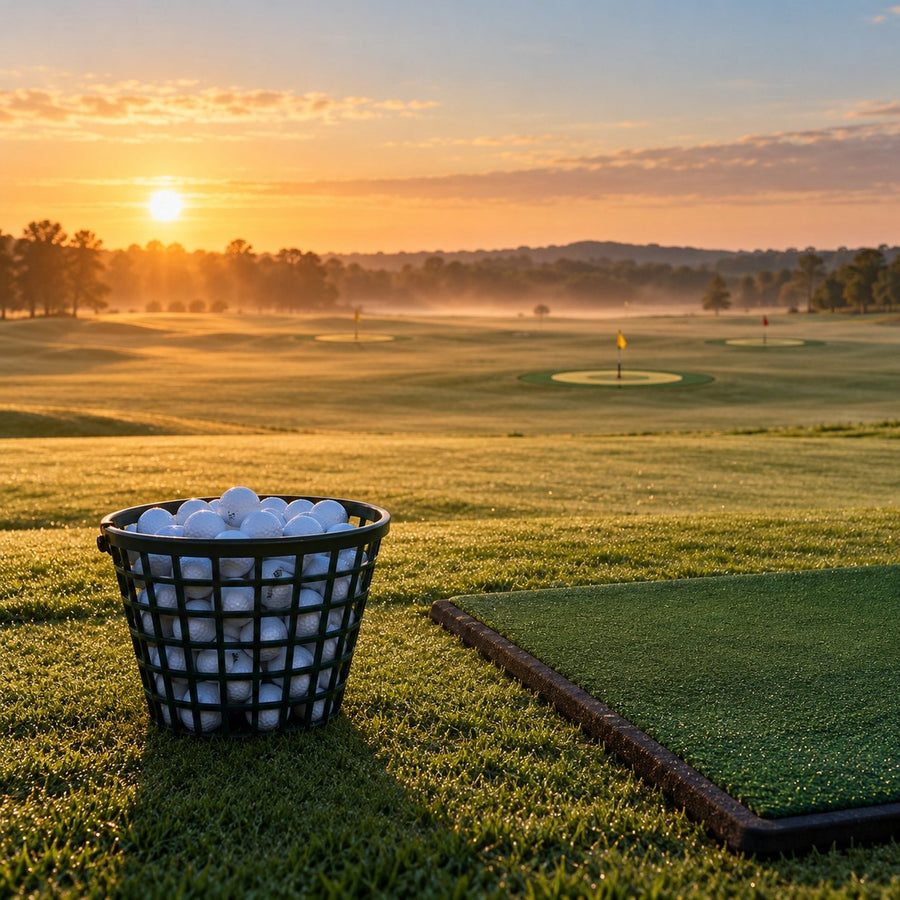 Practice de golf au lever du jour avec seau de balles