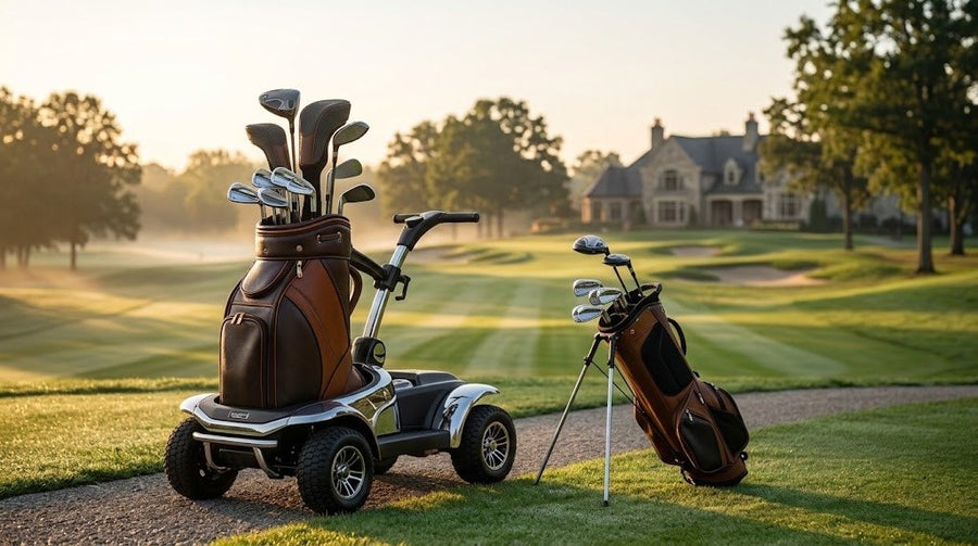 Chariot de golf électrique et sac trépied au bord du fairway