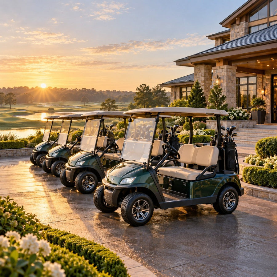 Voiturettes de golf électriques alignées devant le club-house