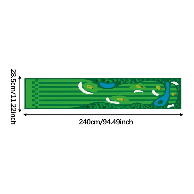 Tapis de putting golf 240 cm – motif parcours de golf avec bunkers et plans d'eau
