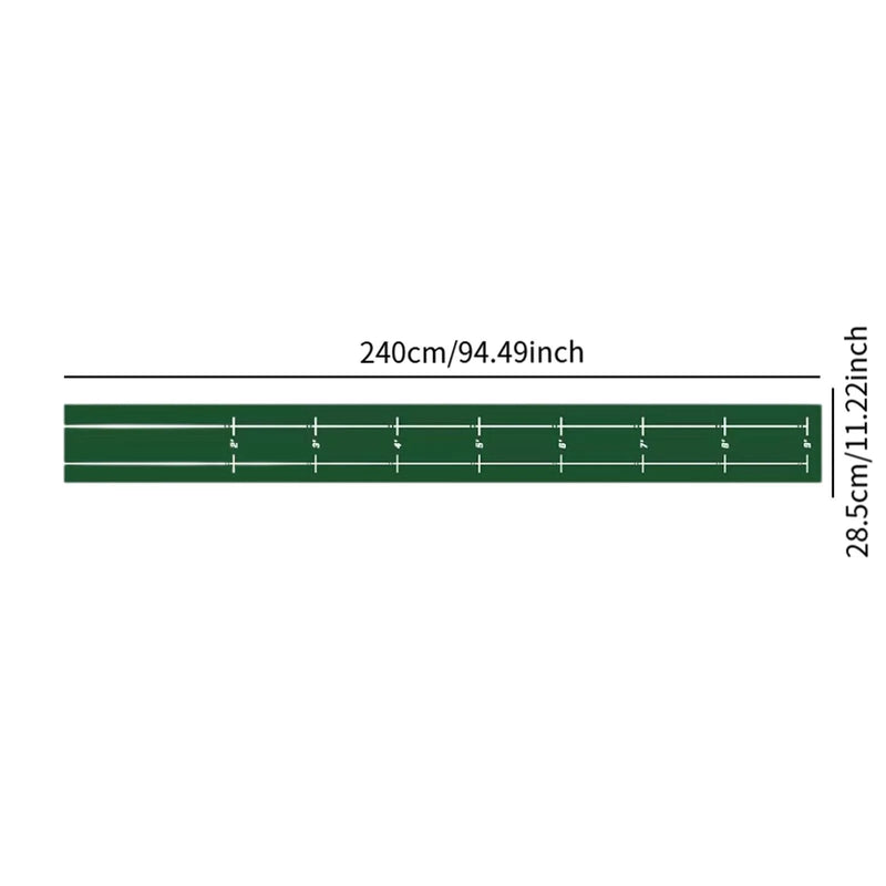 Tapis de putting golf 240 cm – motif vert uni avec lignes et repères de 2 à 9 pieds