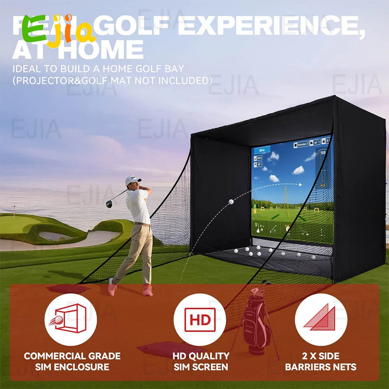 Cage de golf à cadre noir – utilisation à domicile avec écran HD et deux filets latéraux
