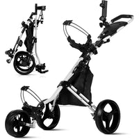 Chariot de golf manuel pliable 3 roues – version argent, dépliée et repliée