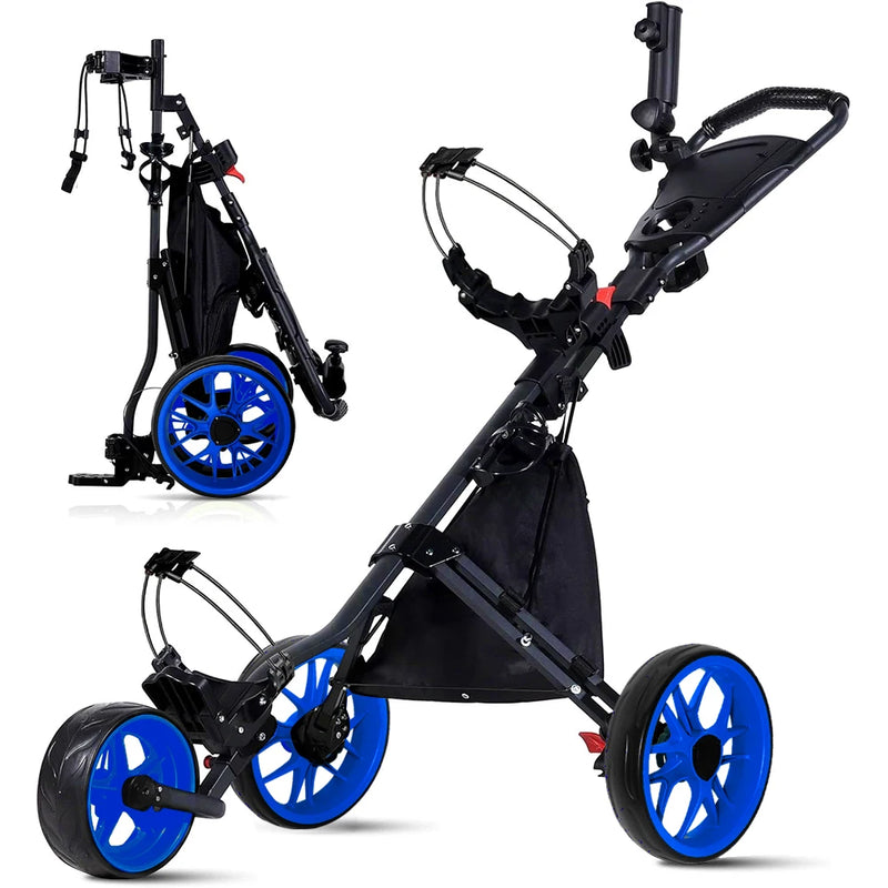 Chariot de golf manuel pliable 3 roues – version noir et bleu, dépliée et repliée