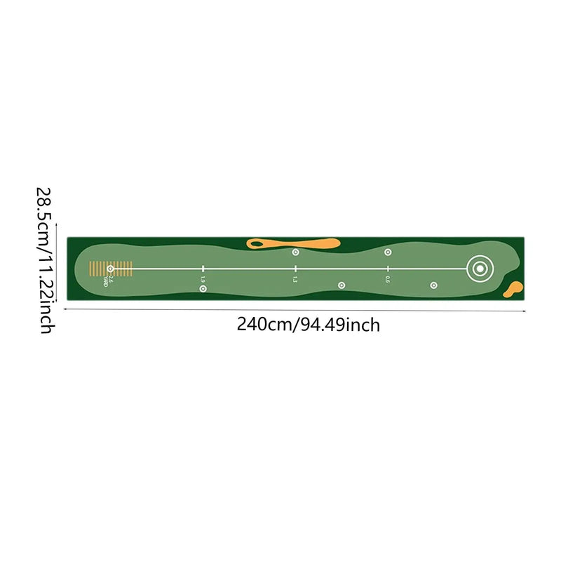 Tapis de putting golf 240 cm – motif fairway vert avec bunker et cible à anneaux