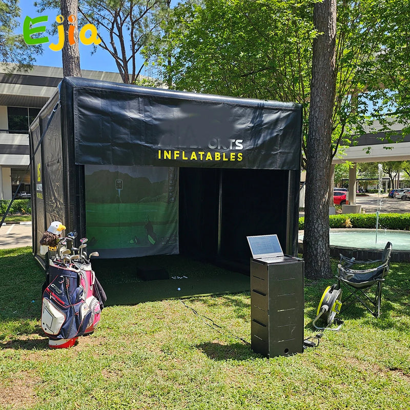Boîtier de simulateur de golf gonflable – enceinte noire en extérieur avec sac de golf