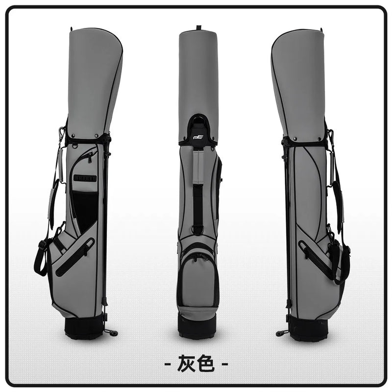 Sac de golf pencil à trépied en cuir PU – sac gris vu de face, de dos et de côté
