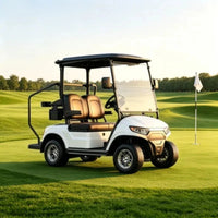 Voiturette de golf 2 places – carrosserie blanche et sièges bruns sur le green