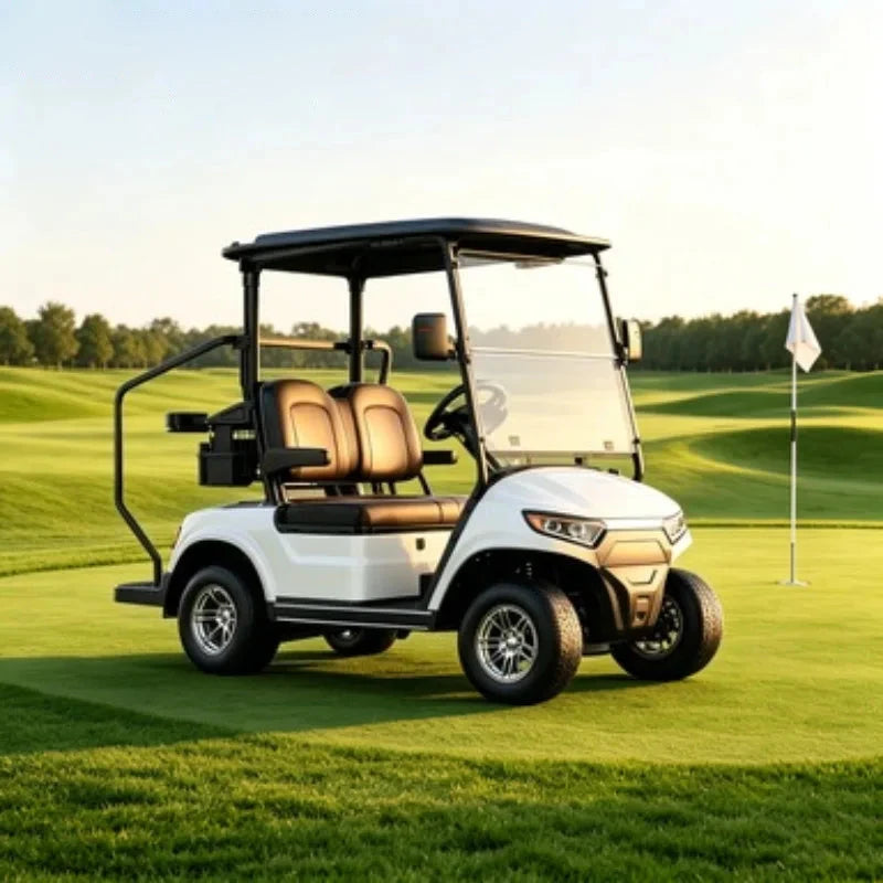 Voiturette de golf 2 places – carrosserie blanche et sièges bruns sur le green