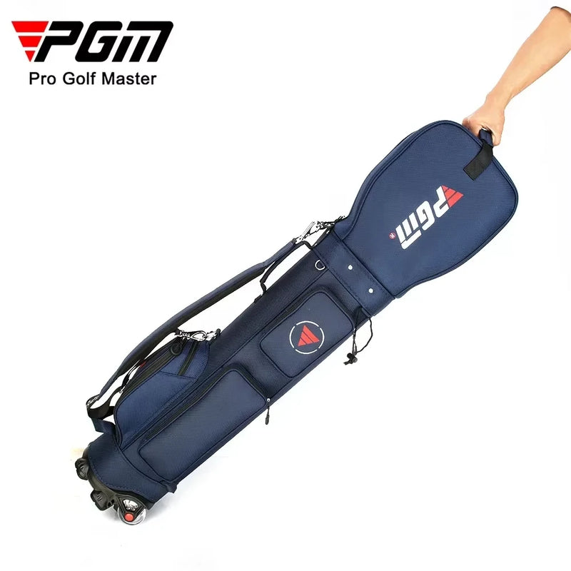 Sac de voyage golf à roulettes – sac bleu marine incliné, tiré par la poignée sur ses roulettes