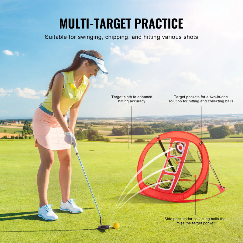 Filet de chipping golf pop-up rouge – golfeuse en position d'approche devant le filet