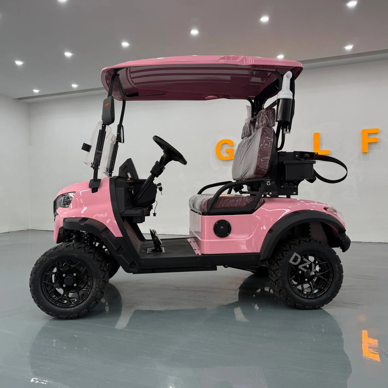 Voiturette de golf électrique rose – vue de profil en exposition