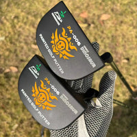 Putter maillet noir en D – deux têtes vues de dessus avec le motif orange