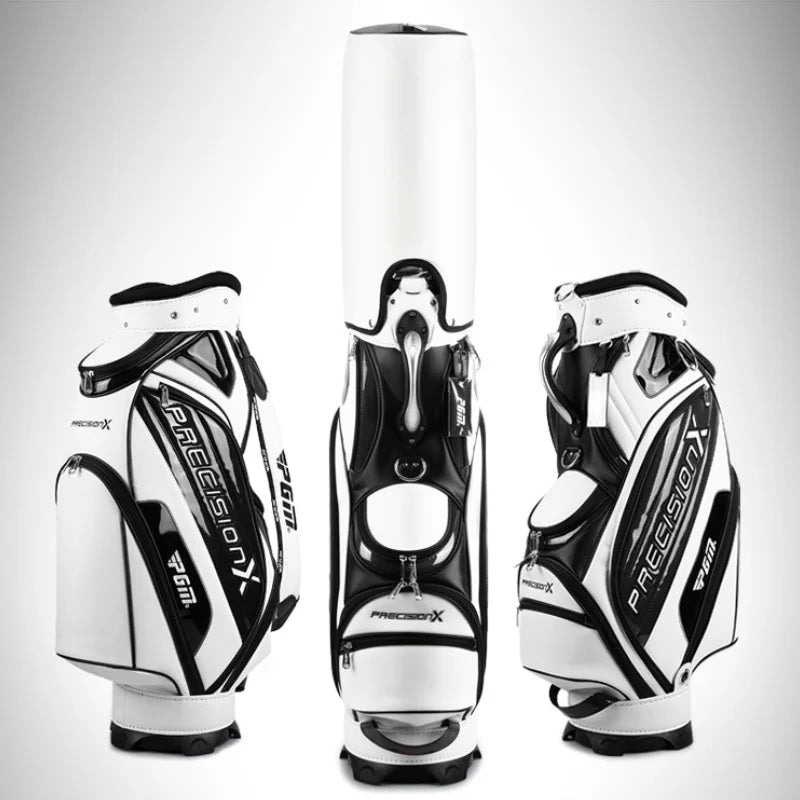 Sac de golf tour en cuir PU étanche – sac blanc et noir de face, de dos et de côté