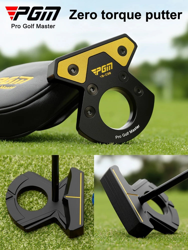 Putter maillet zéro torque – tête noire et dorée posée sur l'herbe avec son couvre-putter