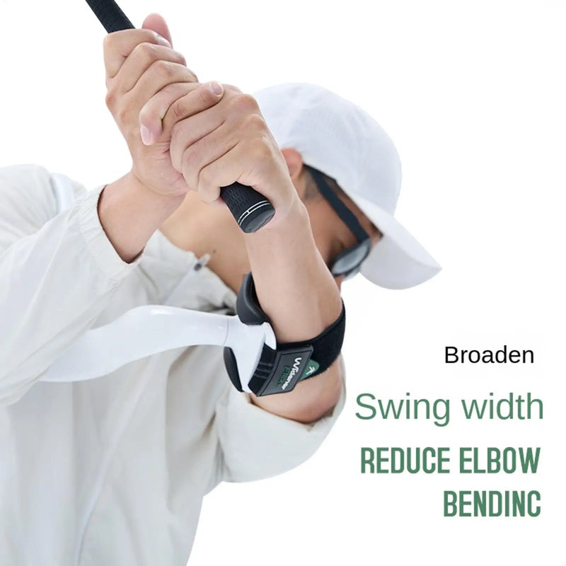 Entraîneur de swing golf – golfeur au sommet du backswing avec l'entraîneur fixé au bras
