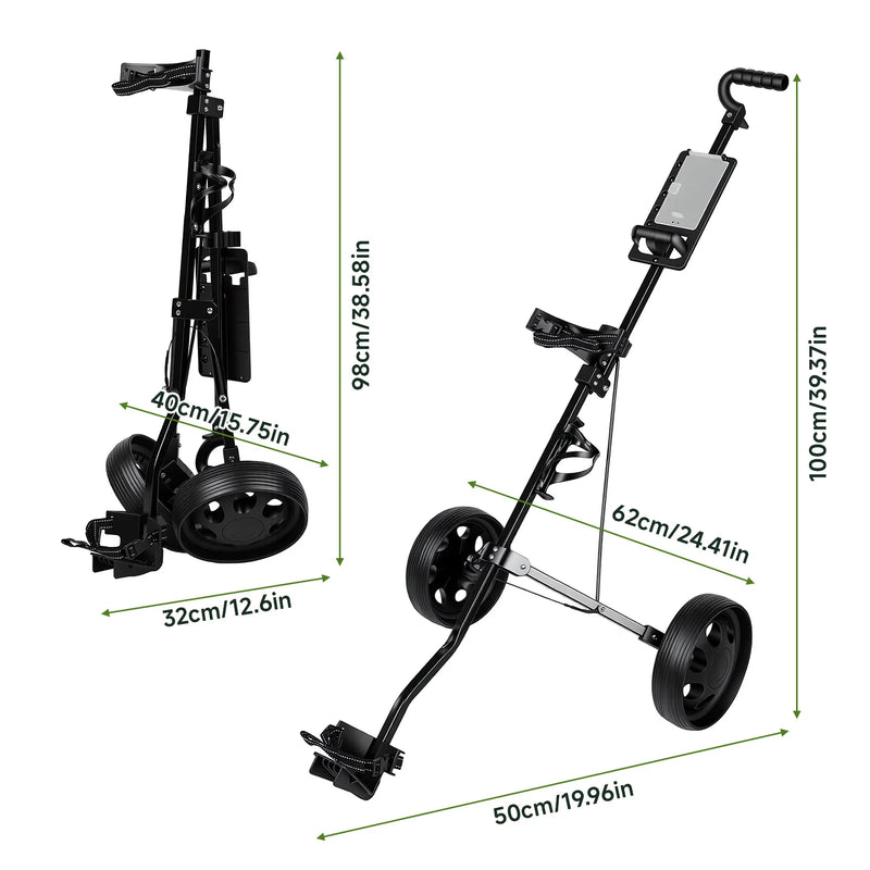 Chariot de golf ultra compact 2 roues – schéma des dimensions déployé et replié