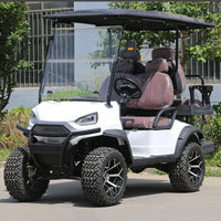 Voiturette de golf électrique de luxe blanche – vue de trois quarts avant avec sièges bruns