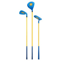Set de golf enfant – les trois clubs bleus à manche jaune côte à côte