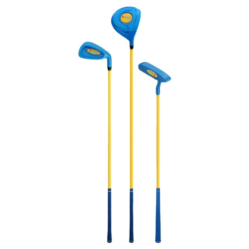 Set de golf enfant – les trois clubs bleus à manche jaune côte à côte
