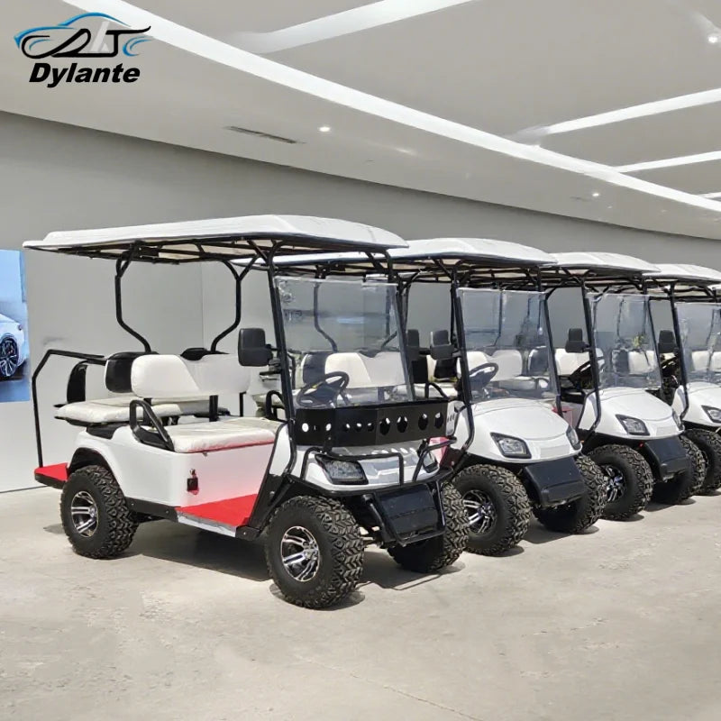 Voiturette de golf électrique de 2 à 10 places – plusieurs voiturettes blanches alignées