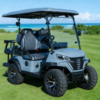 Voiturette de golf électrique 4 places compacte – carrosserie rouge sur l'herbe