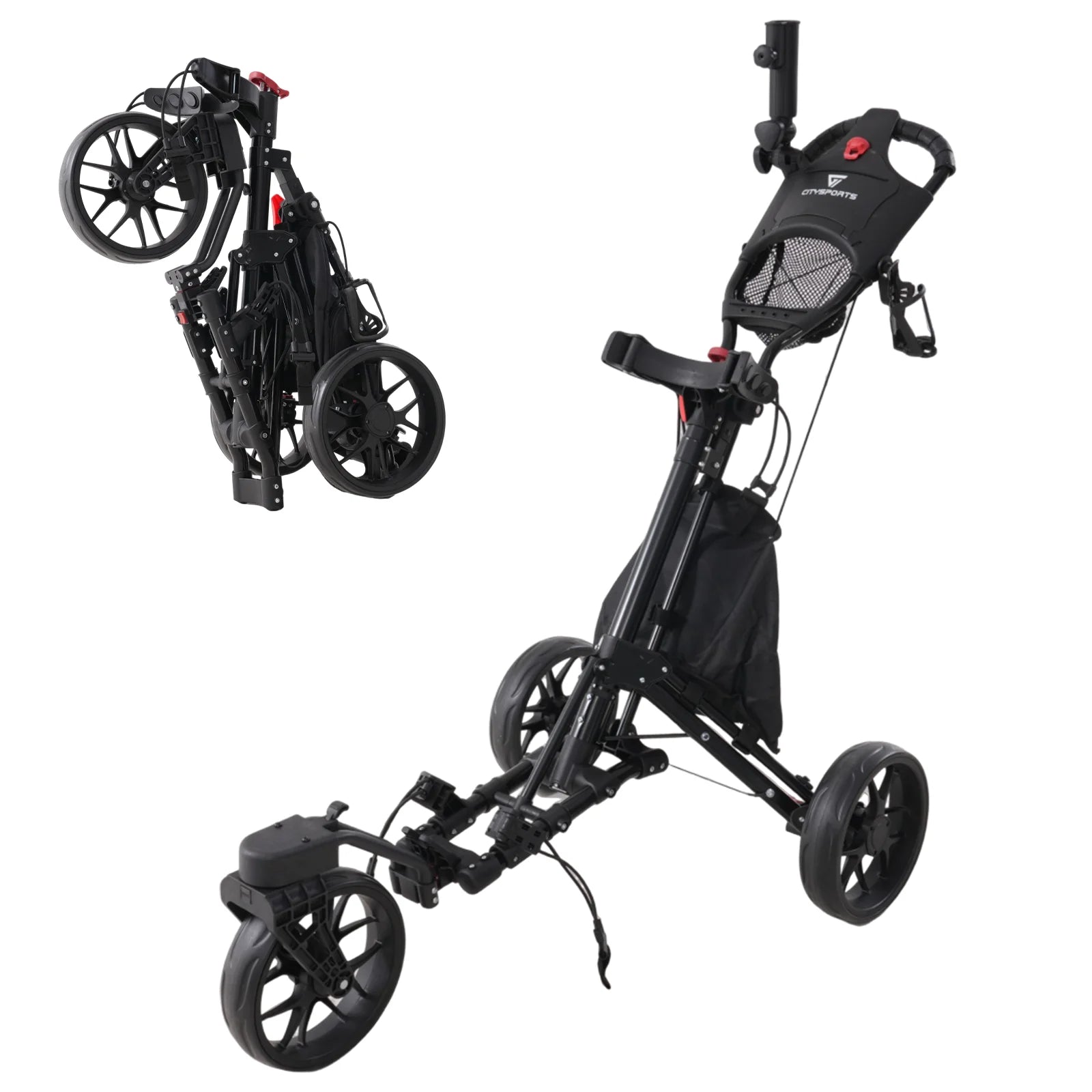 Chariot de golf pliable 3 roues cadre aluminium avec porte-gobelet
