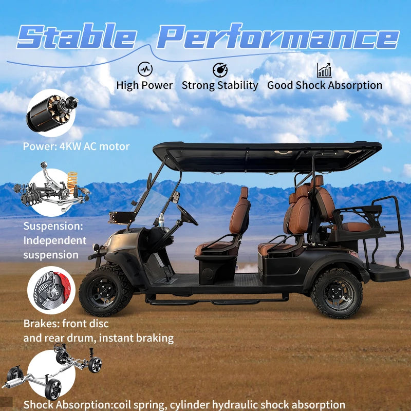 Voiturette de golf électrique tout-terrain – visuel du moteur AC 4 kW, de la suspension indépendante et des freins