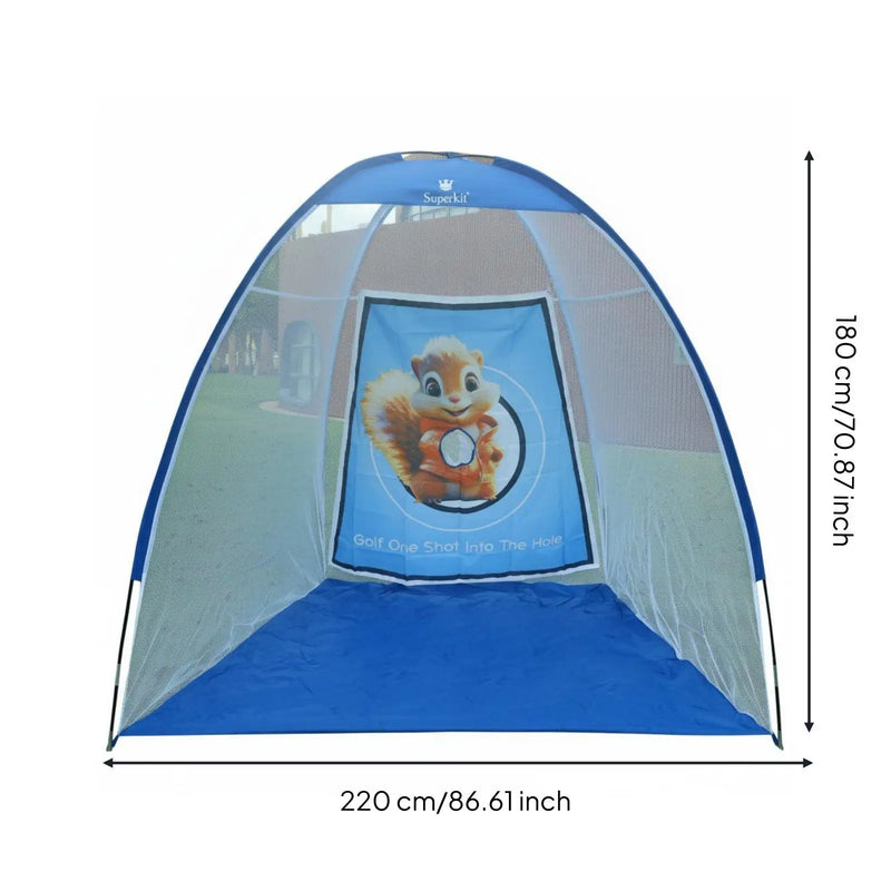 Filet de golf pliable en tente – schéma des dimensions : 220 cm de large, 180 cm de haut