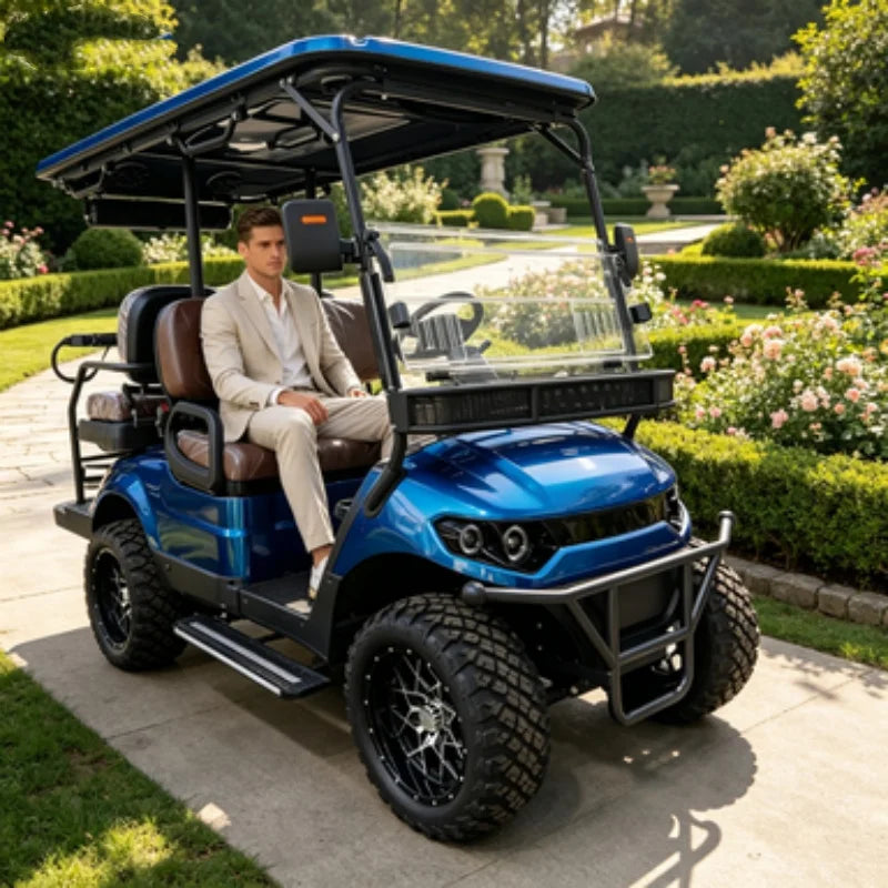 Voiturette de golf électrique – vue avant, pneus tout-terrain et barre de protection